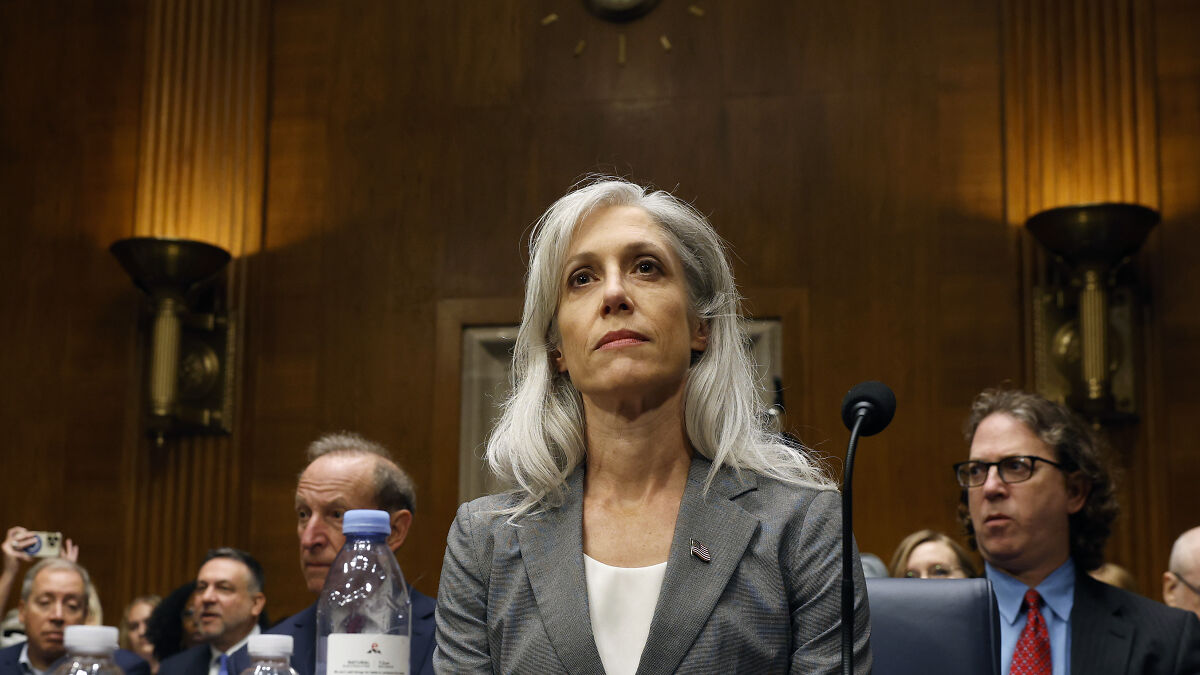CDC director Susan Monarez at a formal hearing, addressing controversy over vaccine plans involving RFK Jr.