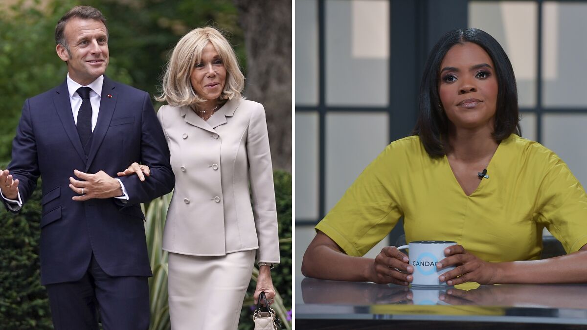 French First Lady and Candace Owens in separate images amid legal dispute over scientific proof of gender.