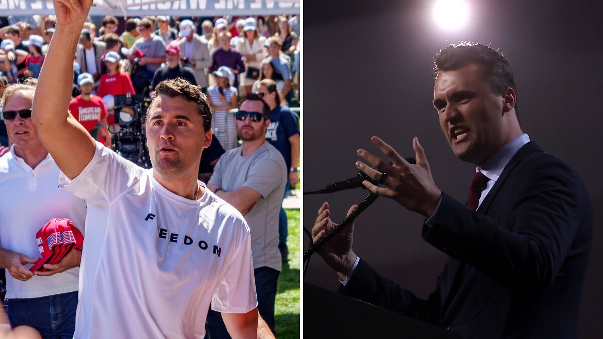 Charlie Kirk in public event and speaking at podium, related to Charlie Kirk shooting conspiracy theories online discussion.