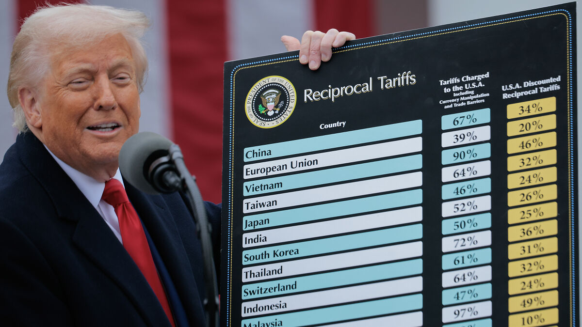 Donald Trump presenting a chart on reciprocal tariffs during a speech with an American flag background.