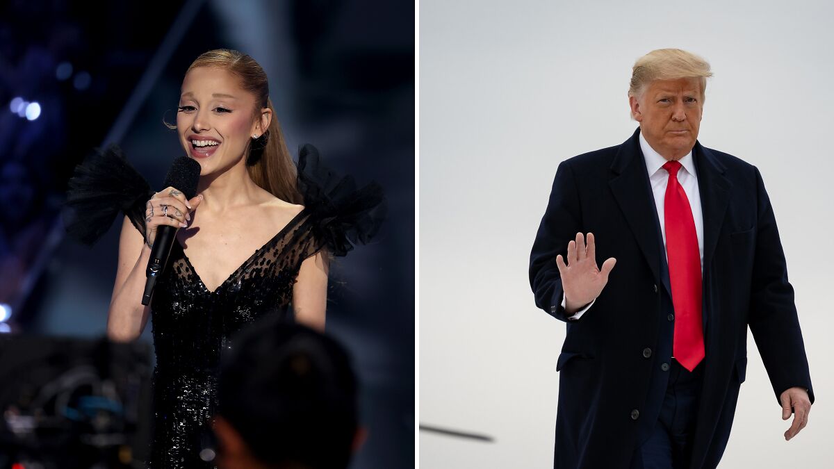 Ariana Grande speaking on stage in black dress and Donald Trump waving while wearing a dark coat and red tie.