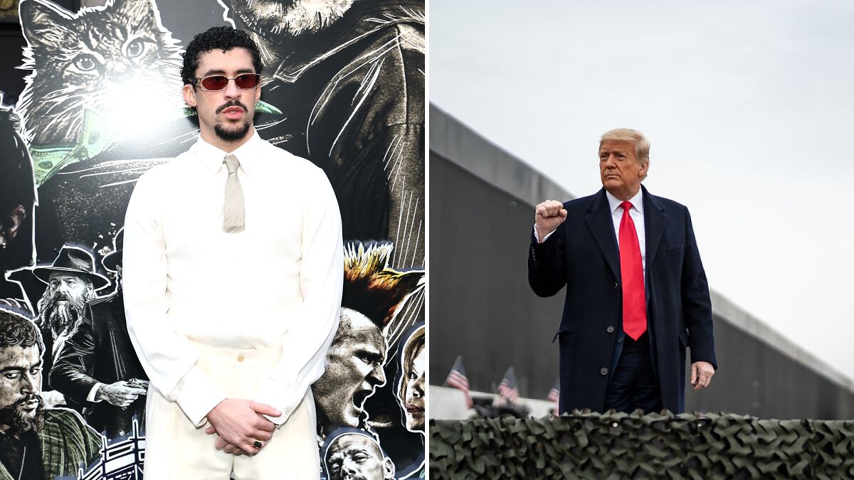 Bad Bunny wearing sunglasses at event on left, former president Trump raising fist outdoors on right.