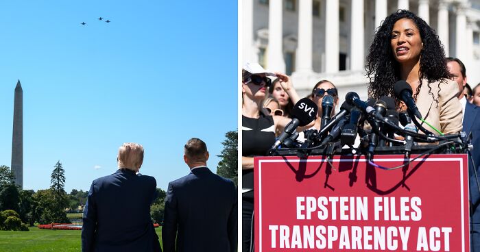 Trump Disrupts Tearful Epstein Victims Rally With Thunderous Jet Flyover