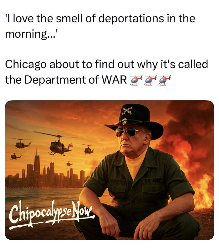 Man resembling Donald Trump in army attire with helicopters over Chicago skyline, symbolizing boos and cheers at U.S. Open delay.