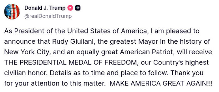 Screenshot of Donald Trump’s announcement on social media about Rudy Giuliani receiving the Presidential Medal of Freedom.