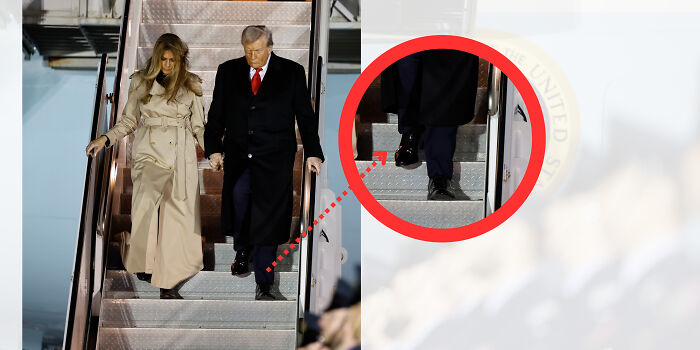Donald Trump injury subtly concealed by Melania’s hand as they descend aircraft stairs in the UK.