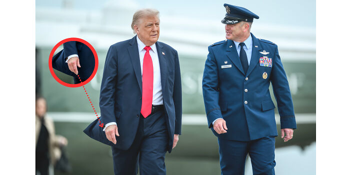Donald Trump walking with aide, Melania’s hand strategically placed to conceal injury during UK arrival.