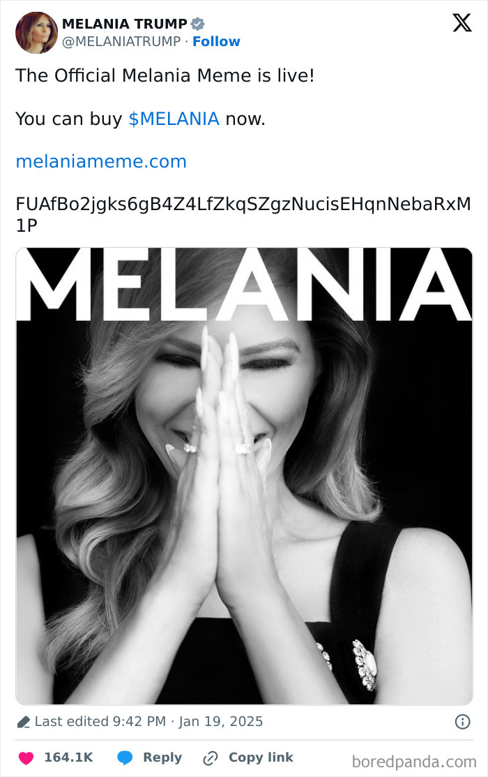 Twitter announcement promoting Melania Trump meme coin $MELANIA with black and white image of Melania Trump smiling and praying hands.