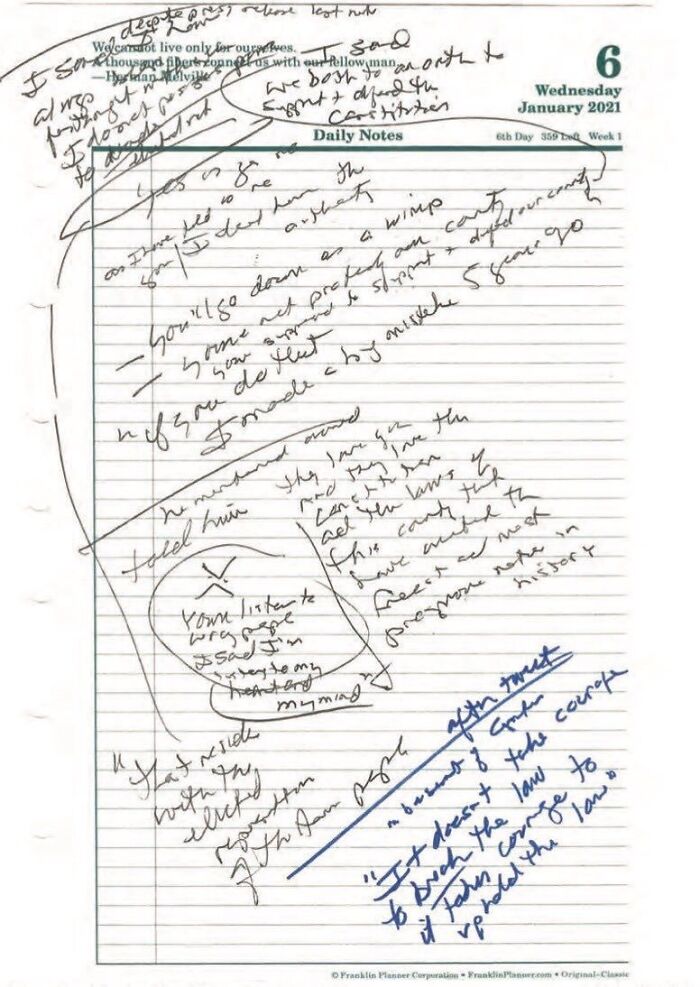 Handwritten January 6 notes revealing Trump called Pence a wimp during their final call on the Capitol events. Handwritten January 6 notes revealing Trump called Pence a wimp during their final call on the Capitol events.