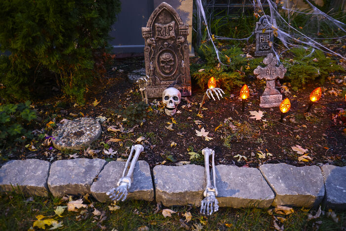 Halloween decorations with tombstones, skeleton parts, and glowing orange lights in a yard setting for seasonal display. Halloween decorations with tombstones, skeleton parts, and glowing orange lights in a yard setting for seasonal display.
