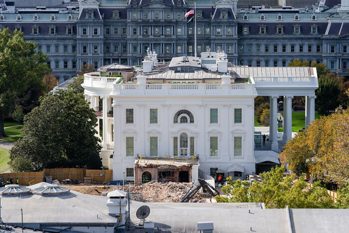 White House renovation site showing construction and design disasters during costly Trump renovation project. White House renovation site showing construction and design disasters during costly Trump renovation project.