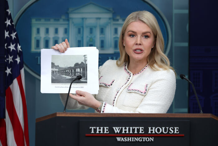 White House spokesperson presenting design disasters in Trump’s costly White House renovation project at a press briefing. White House spokesperson presenting design disasters in Trump’s costly White House renovation project at a press briefing.