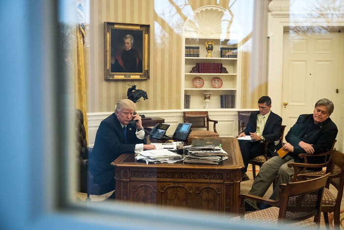 Steve Bannon and associates in a White House office discussing strategy for a potential third Trump term. Steve Bannon and associates in a White House office discussing strategy for a potential third Trump term.
