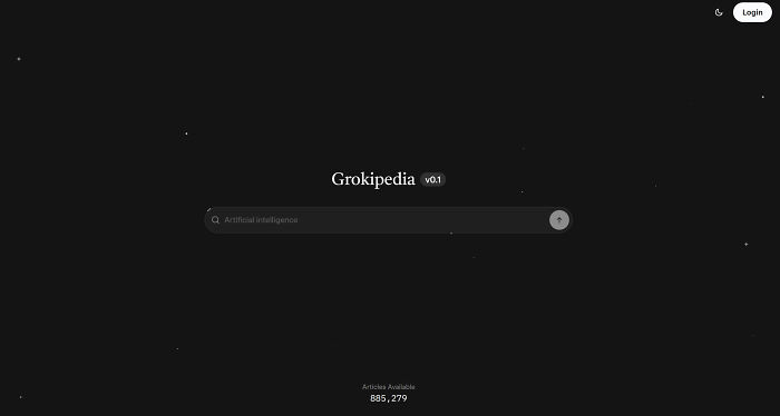 Grokipedia search page with dark background, showing 885,279 AI articles available on launch day. Grokipedia search page with dark background, showing 885,279 AI articles available on launch day.