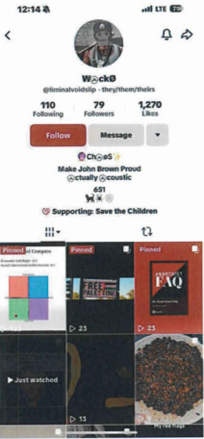 Screenshot of social media profile showing posts and followers related to man 30 arrested after $45K offer to end Pam Bondi’s life.