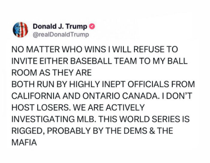 Screenshot of a false World Series post on Truth Social blaming rigged baseball, related to Stephen King controversy. Screenshot of a false World Series post on Truth Social blaming rigged baseball, related to Stephen King controversy.