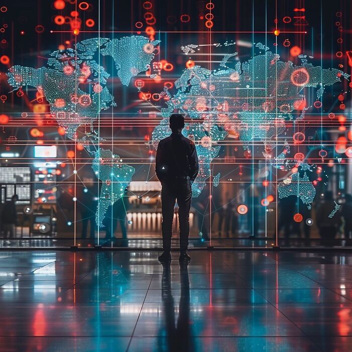 Silhouette of person standing before a digital world map with glowing data points, highlighting ChatGPT and internet vibes. Silhouette of person standing before a digital world map with glowing data points, highlighting ChatGPT and internet vibes.