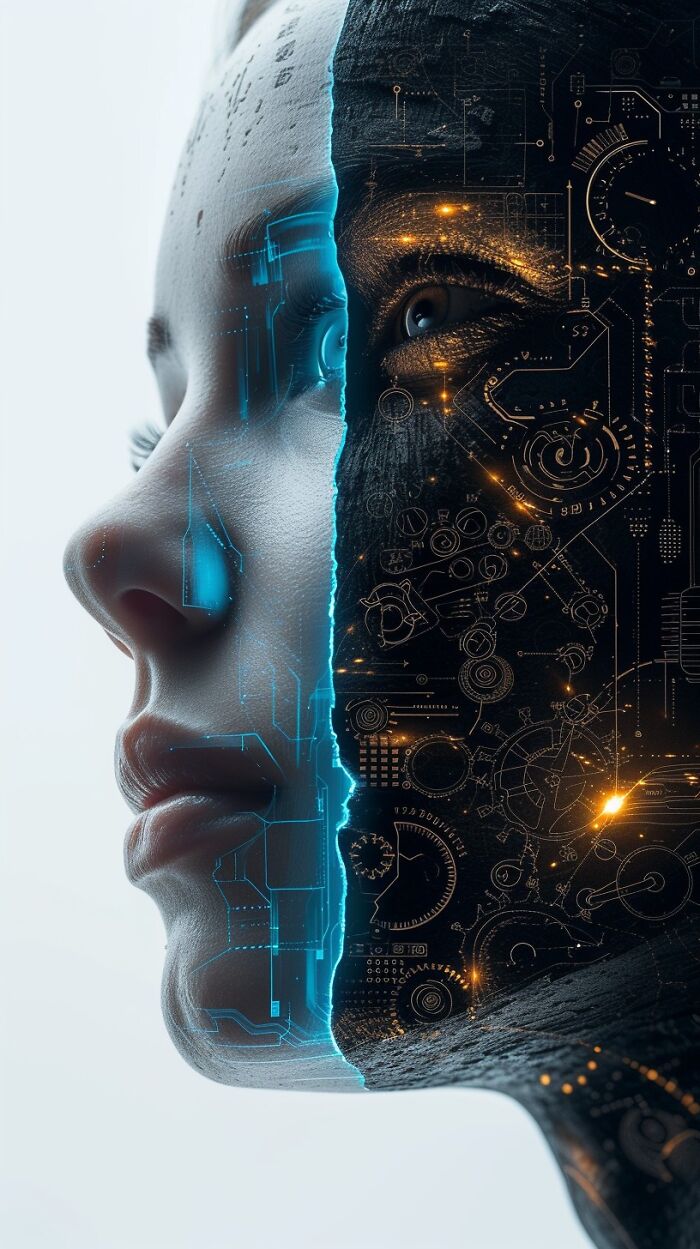 Close-up profile of a human face merging with digital circuits and futuristic AI elements representing ChatGPT vibes. Close-up profile of a human face merging with digital circuits and futuristic AI elements representing ChatGPT vibes.