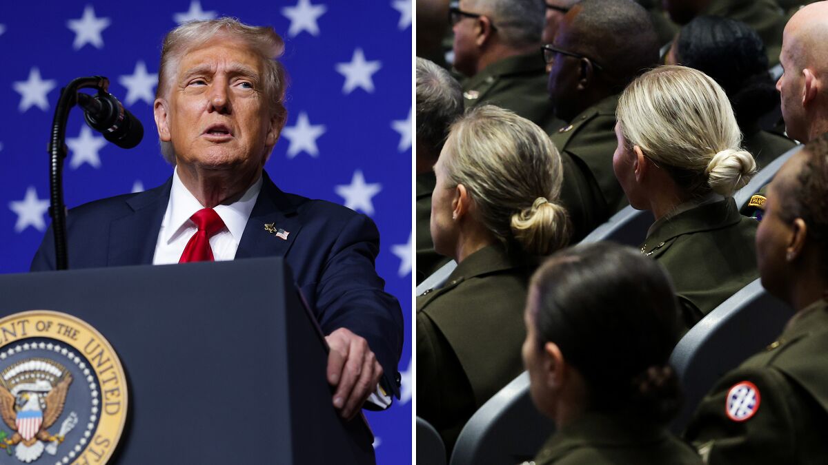 Donald Trump speaking at a podium with military leaders listening during a speech on training grounds for the military.