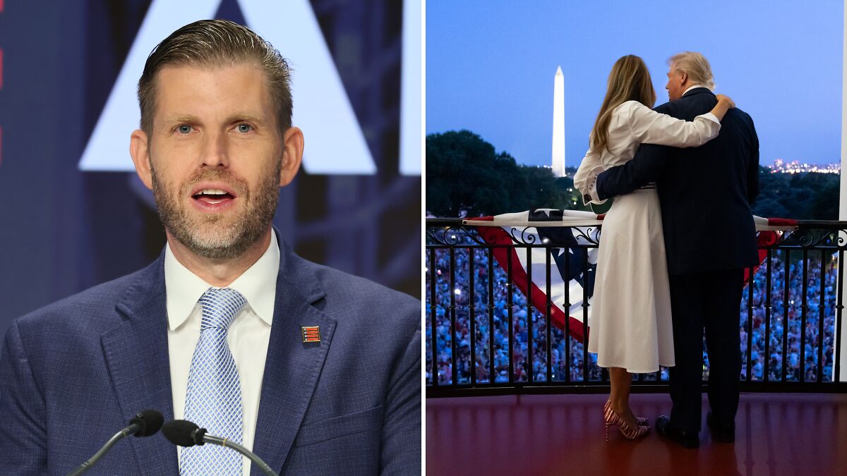 Eric Trump speaking at a podium in a suit and tie, with Donald and Melania Trump embracing on a balcony overlooking a crowd.