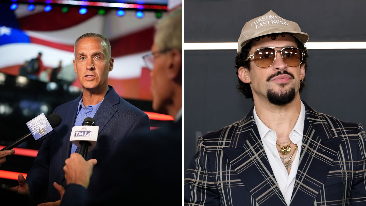 Trump adviser speaking to media and Bad Bunny wearing sunglasses and a hat during Super Bowl performance event