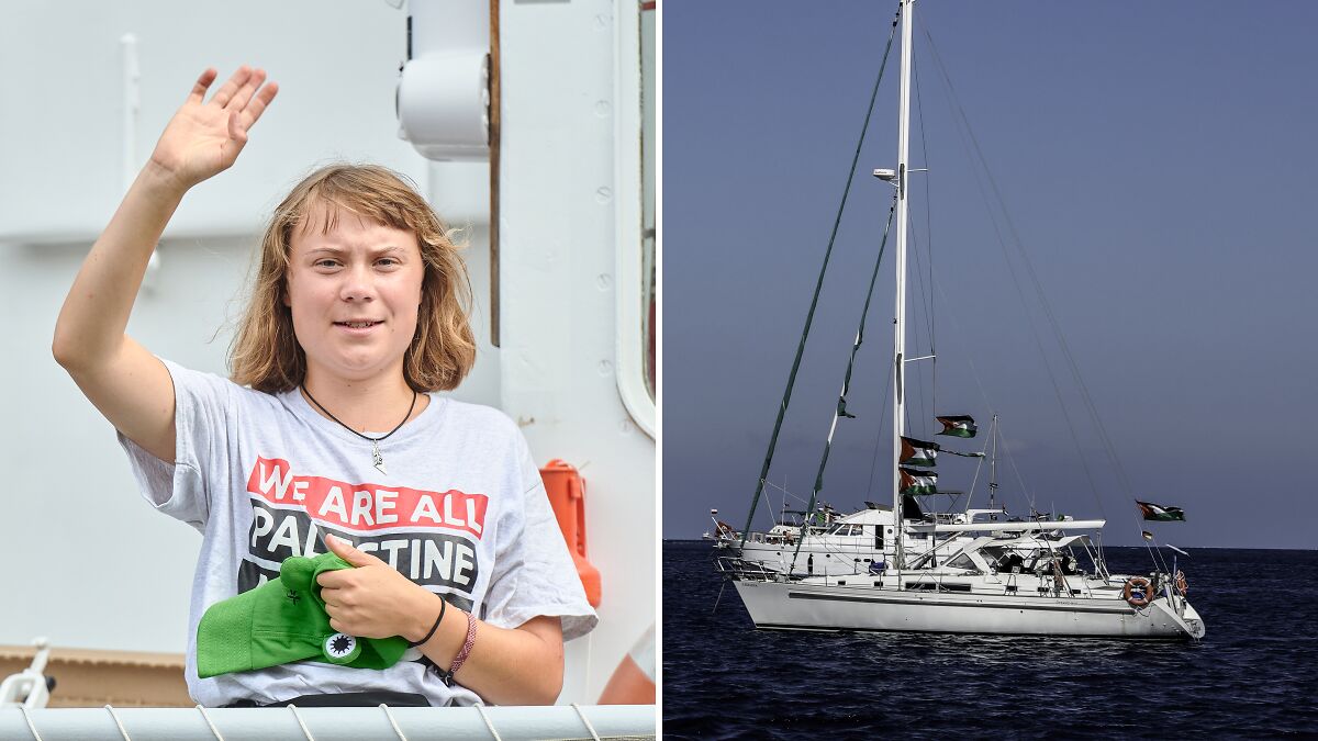 Greta Thunberg waving from a ship as Gaza-bound flotilla with Palestinian flags is seized at sea by Israeli Navy.