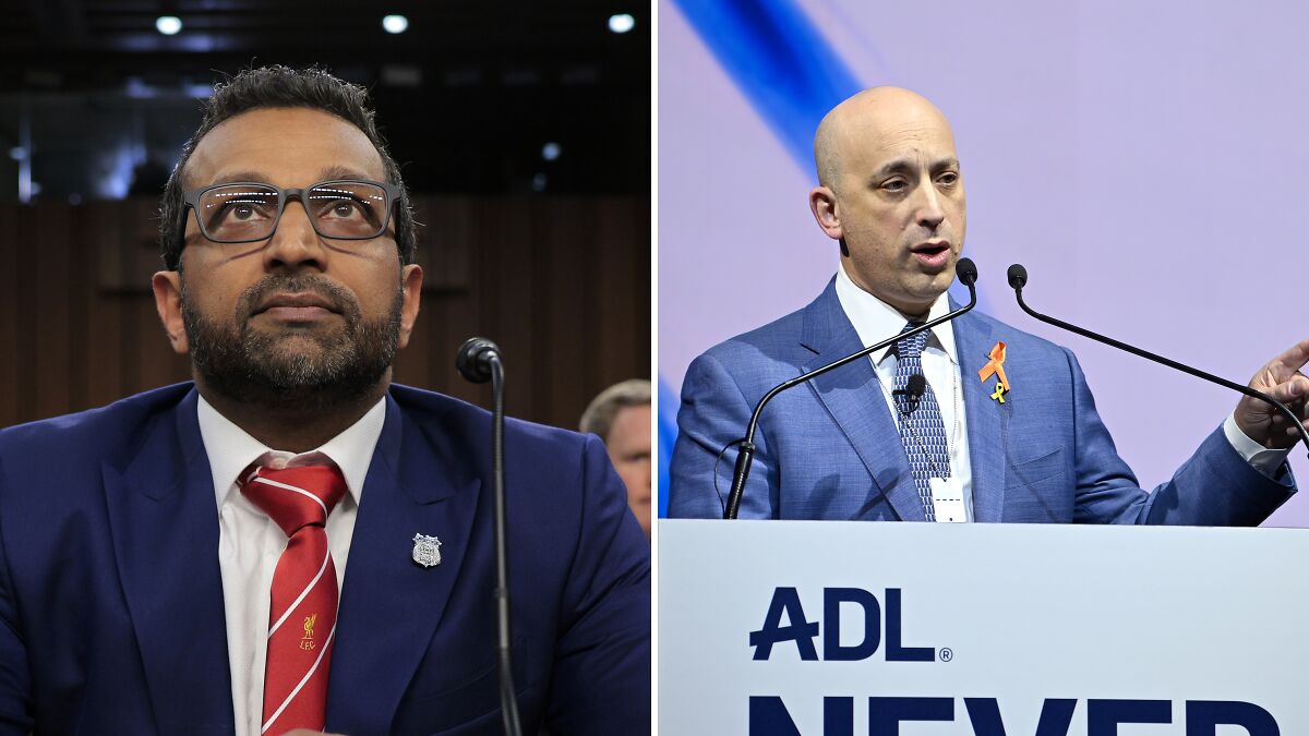 Two men in suits at separate events, one speaking at a podium with ADL branding, related to FBI ties and ADL link.