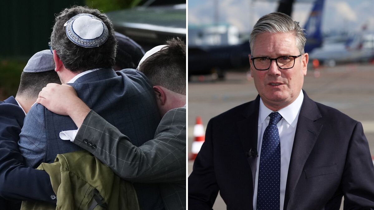 Men wearing kippahs embrace outside a synagogue and a man in a suit speaks near an airport after terror attack in Manchester.