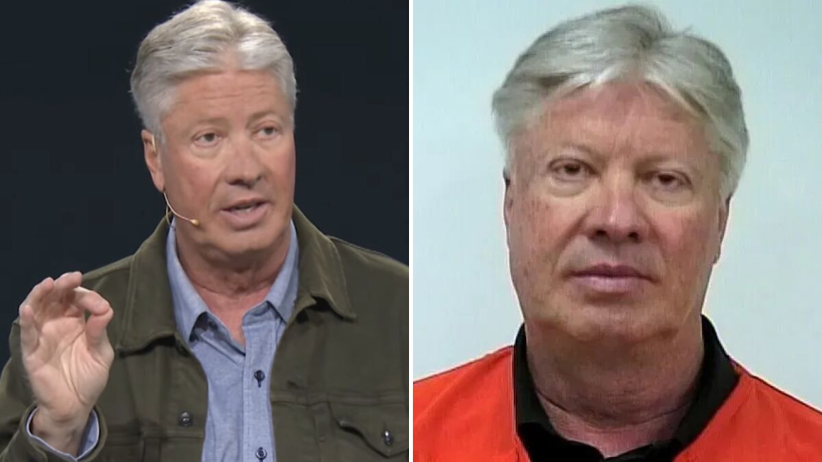 Texas megachurch pastor Robert Morris speaking on stage and in an orange prison uniform mugshot.