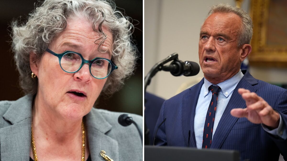 Two officials speaking at microphones in separate events related to infectious disease and whistleblower issues.