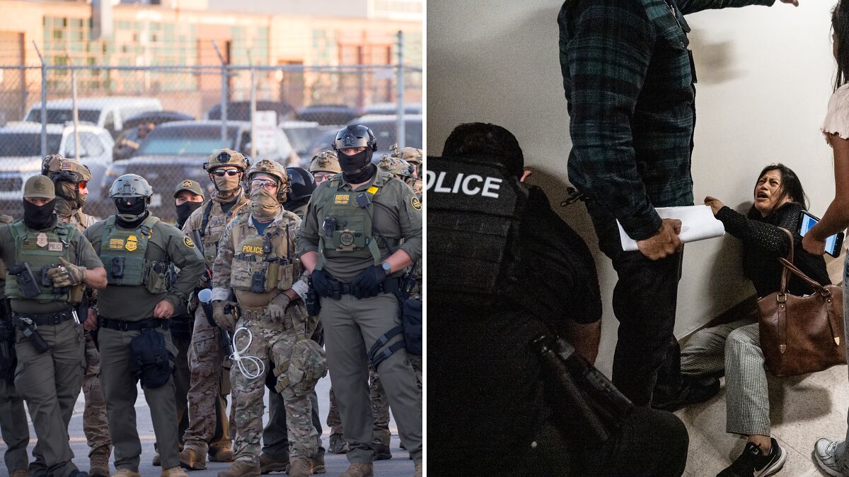 Federal agents in tactical gear standing outside and arresting a woman in a Chicago apartment during immigration raid.