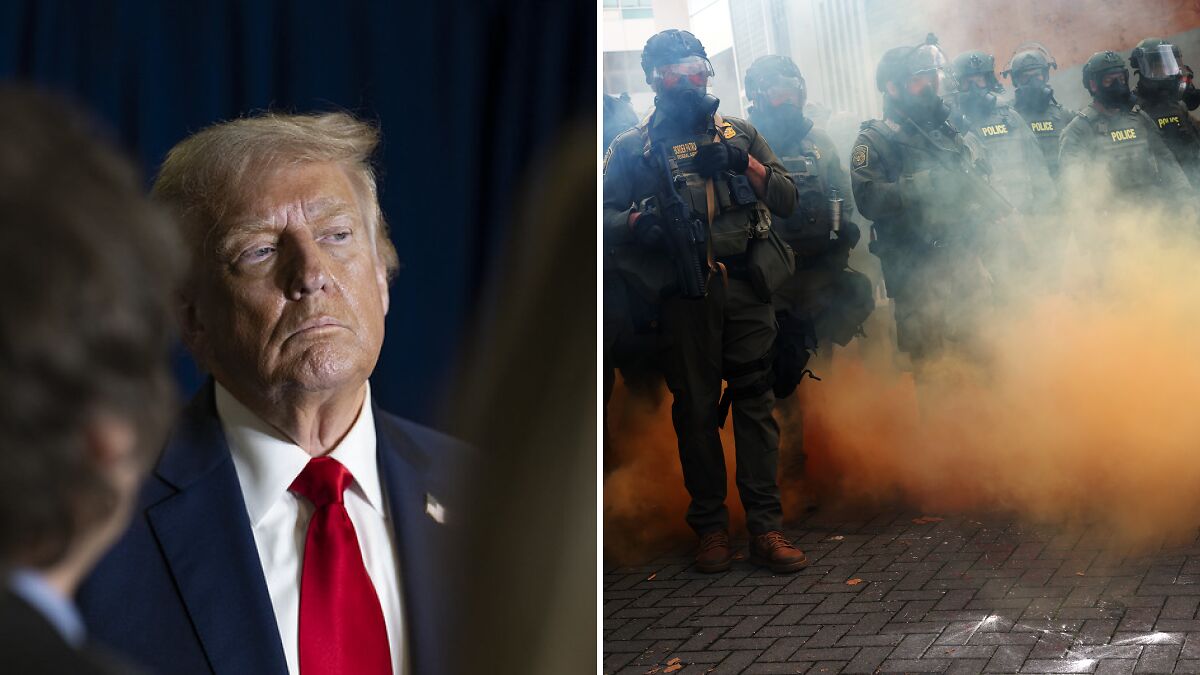 Portland protester in smoke-filled scene with police officers, being rolled away on a cart during viral protest incident.