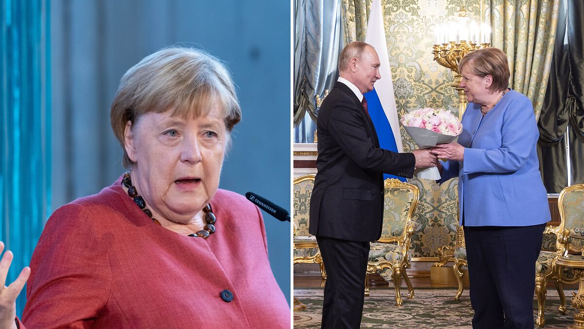 Angela Merkel speaking at a podium and receiving flowers from Vladimir Putin in an ornate room.