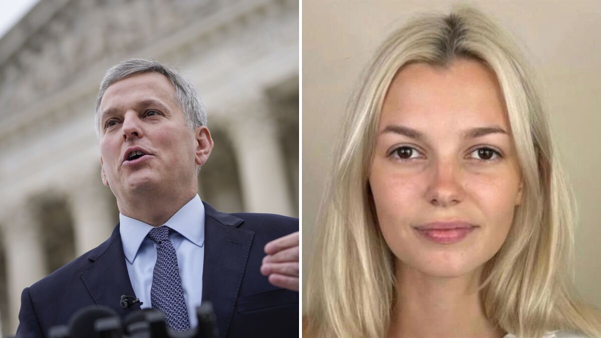 Man in suit speaking outside government building and portrait of blonde woman representing Irynau2019s Law on Ukrainian refugee assault.