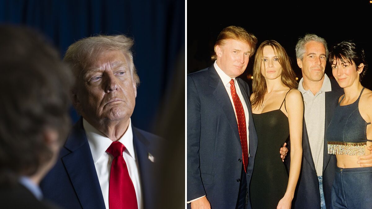 Donald Trump in a suit and red tie, with images linking to Ghislaine Maxwell and Jeffrey Epstein, related to Justice Department pardon talks.