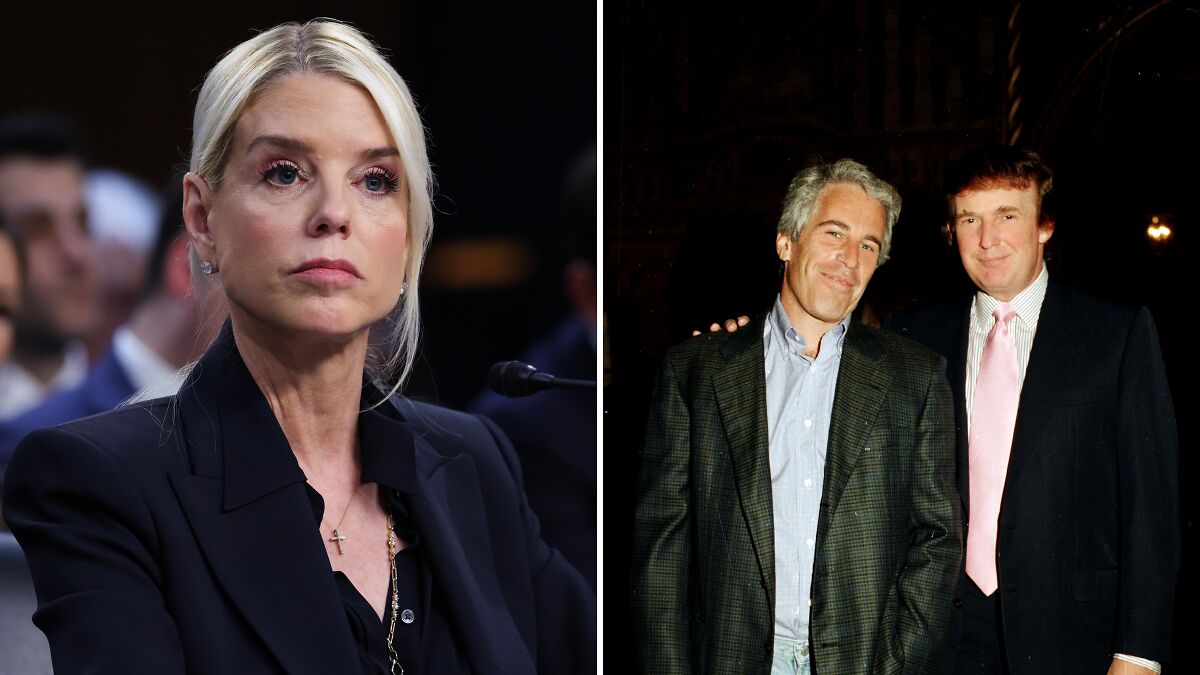 Woman in a black suit looks serious during hearing alongside vintage photo of two men in suits related to Trump Epstein investigation.