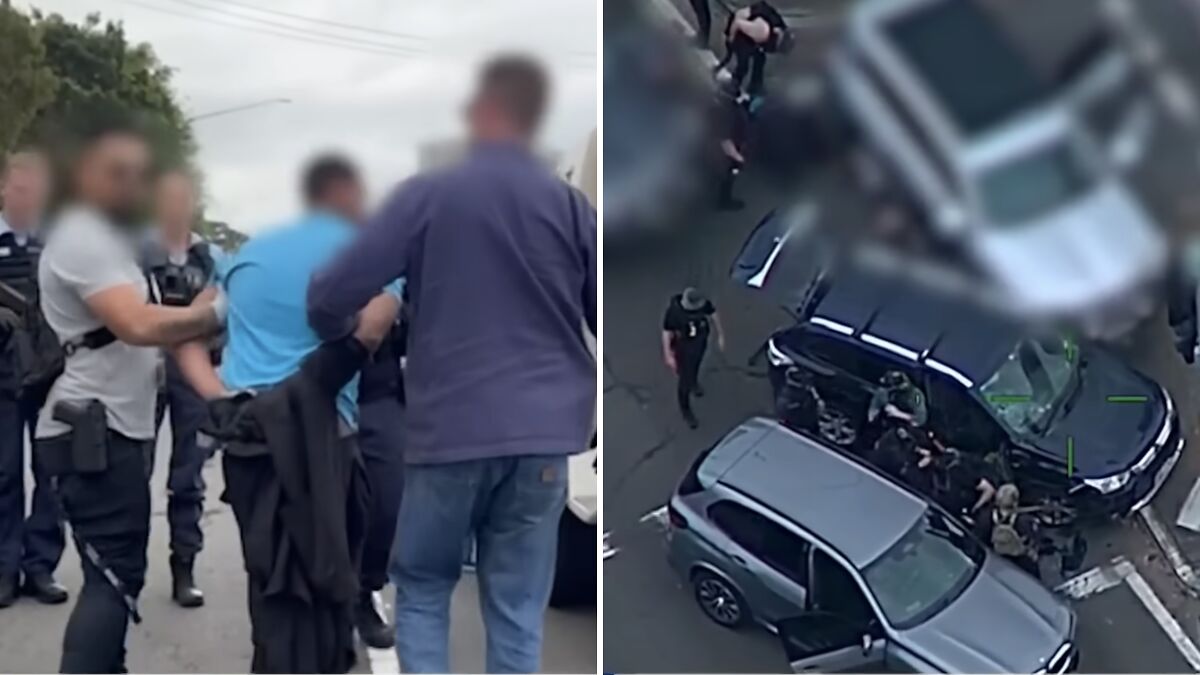 Team of alleged assassins being intercepted by law enforcement near vehicles in a suspected daycare center operation.