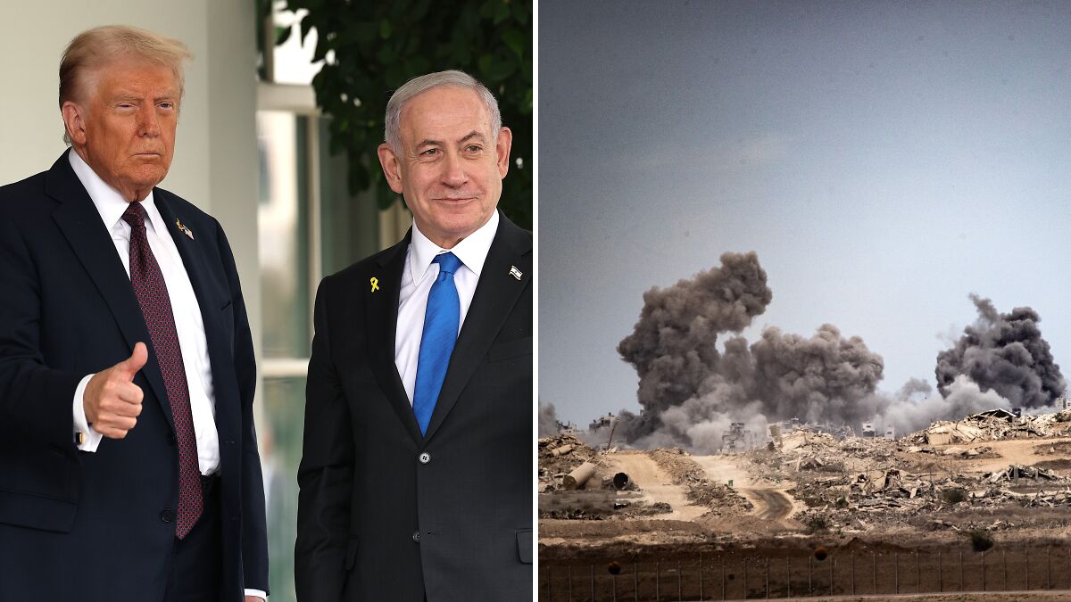 Donald Trump and Israeli leader in formal attire, alongside a scene of smoke rising from conflict zone, highlighting ceasefire doubts.
