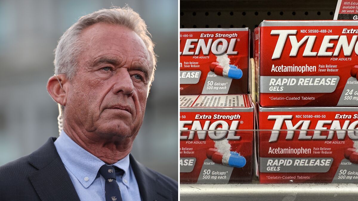 Robert F. Kennedy Jr. in suit alongside Tylenol pain reliever packages, related to circumcision autism claim discussion.
