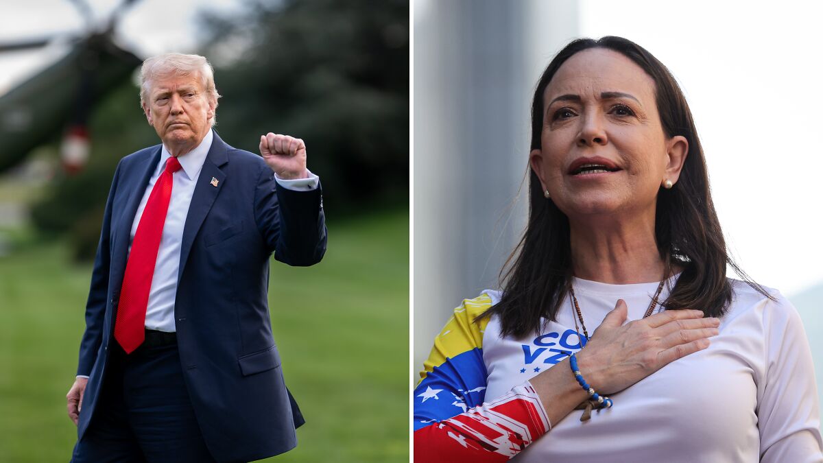 Donald Trump wearing a suit raising fist outdoors contrasted with a woman speaking with hand on chest in colorful attire.