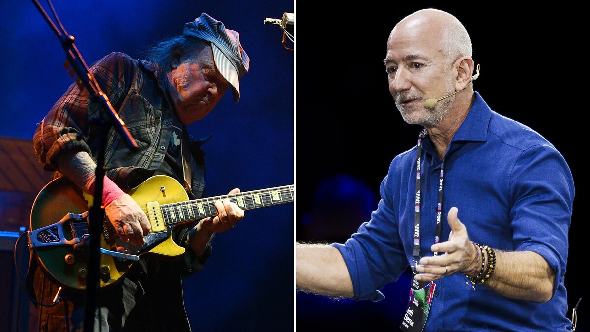 Neil Young performing live with guitar and Jeff Bezos speaking at an event with headset microphone and blue shirt