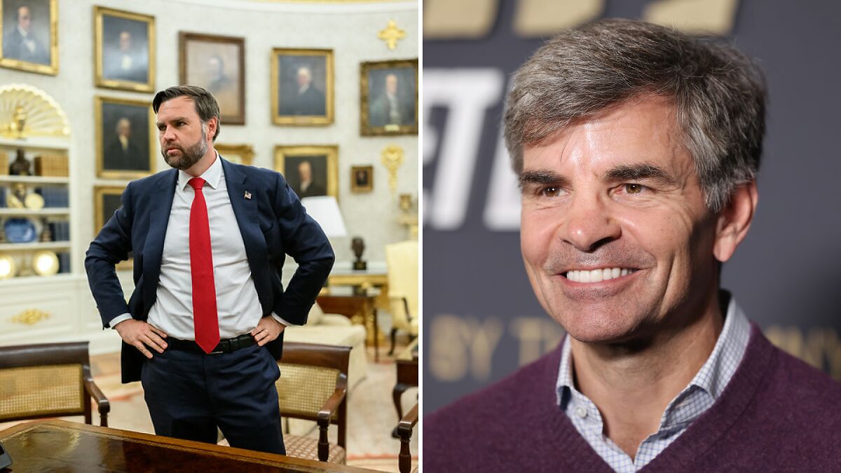 JD Vance standing with hands on hips in office, and a man smiling at an event with dark backdrop