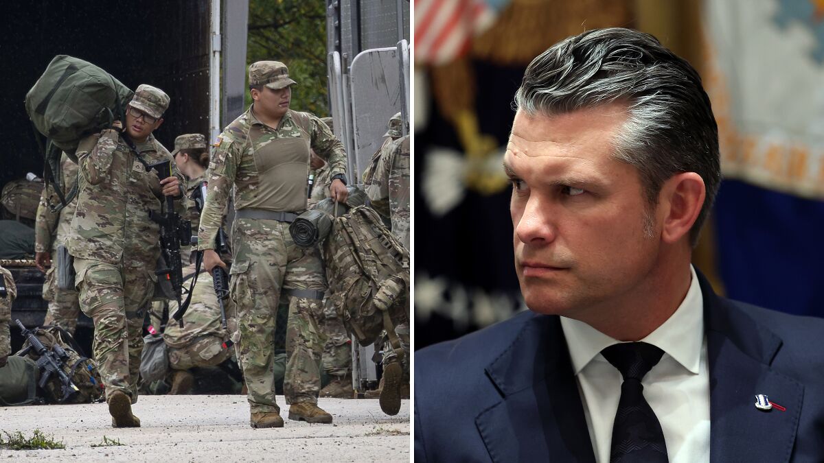 Soldiers arriving in Illinois wearing military gear alongside a serious Pete Hegseth in a suit and tie at an indoor event.