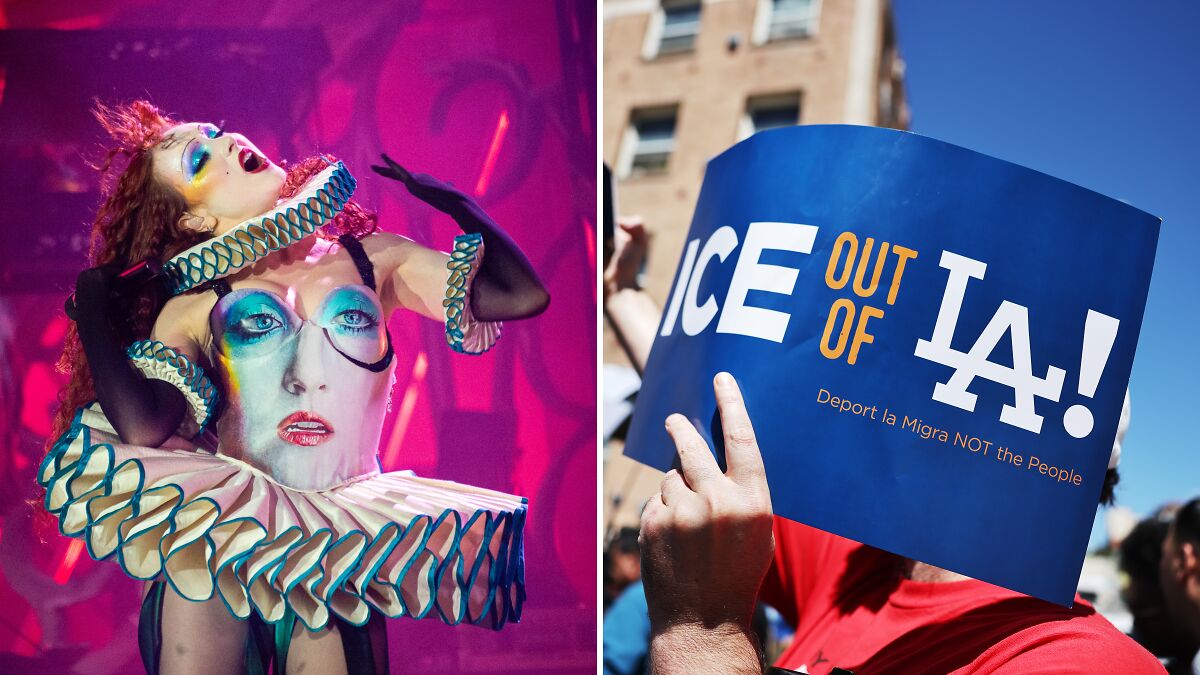 Chappell Roan performing on stage with colorful makeup and costume; protester holding anti-ICE sign outdoors.