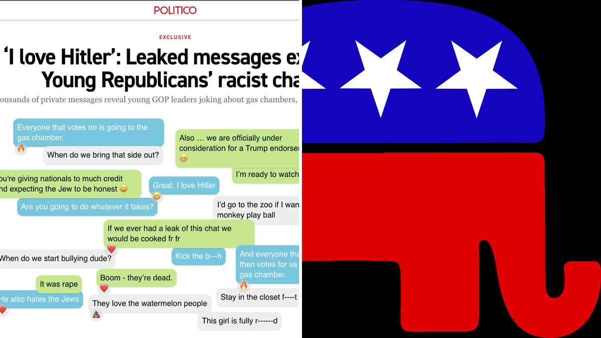 Leaked private chat messages reveal young Republican leaders making racist remarks alongside GOP elephant symbol.