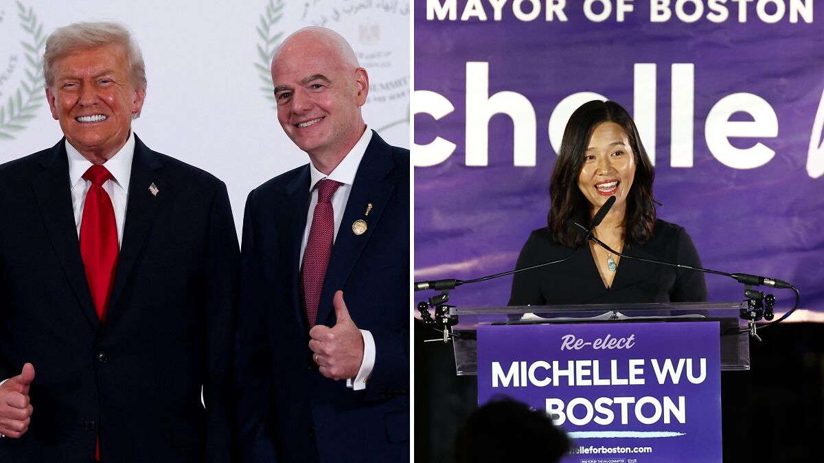 Boston mayor speaking at podium with campaign sign, opposing Trump's threat to pull World Cup games from city.