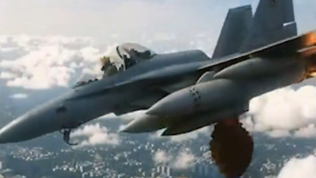 Military jet flying above clouds releasing brown fluid, depicting Trump attacking protesters in AI-generated video.