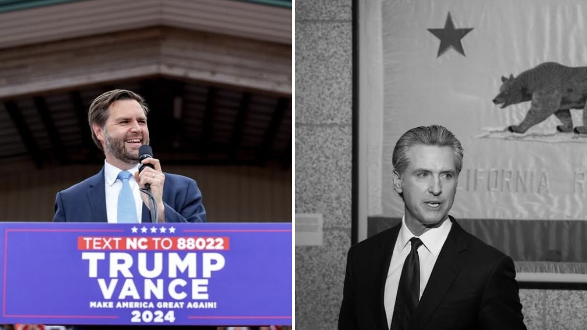 JD Vance speaking at a rally and Gavin Newsom standing near the California flag in a formal setting.