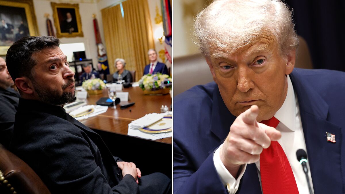 Volodymyr Zelenskyy and Donald Trump in separate settings, highlighting Trumpu2019s latest private shouting match with Zelenskyy.