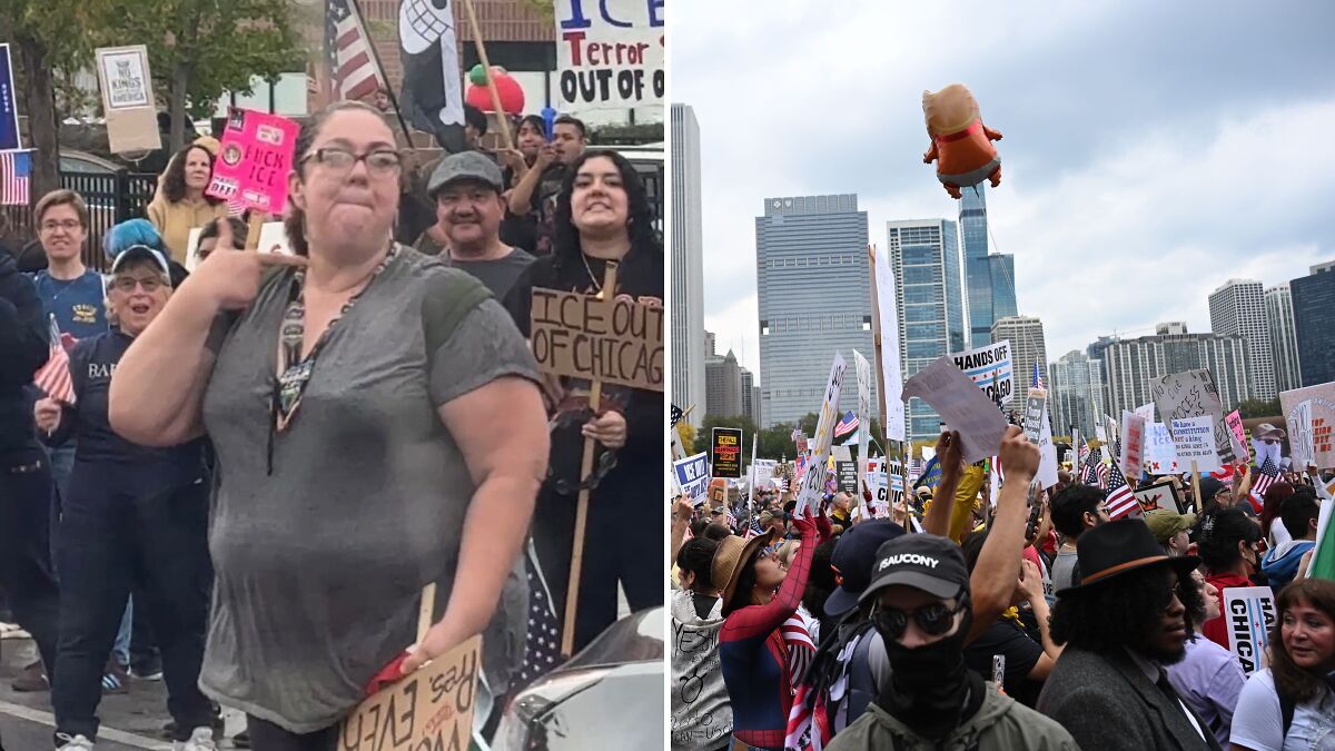 Elementary school teacher at crowded No Kings protest with signs, mocking Charlie Kirk in a heated street demonstration.